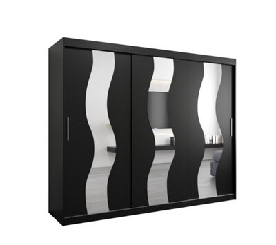 Seville Wavy Mirrored Sliding Door Wardrobe with Shelves and Hanging Rails in Black (H)2000mm (W)2500mm (D)620mm