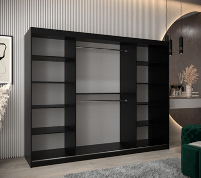 Seville Wavy Mirrored Sliding Door Wardrobe with Shelves and Hanging Rails in Black (H)2000mm (W)2500mm (D)620mm