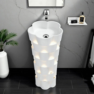 Seville White Stone Cloakroom Floor Standing Pedestal Basin Sink With Lights
