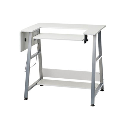 Sewing Online Small Sewing Table, White Top With Black Legs - Adjustable Platform & Drop Leaf Extension | Quilting Table/Computer Desk - 13405