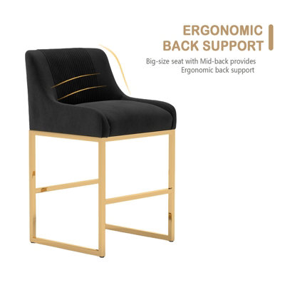 SEYNAR Black Velvet 24in Counter Bar Stools with Low Back and Gold