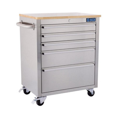 SGS 26in Deluxe Roller Tool Cabinet, Stainless Steel, 5 Drawers, Sliders & Lock