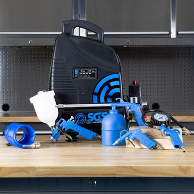 SGS 6 Litre Oil Free Air Compressor 5 Pc Air Hose & Air Tools Kit - 5 ...