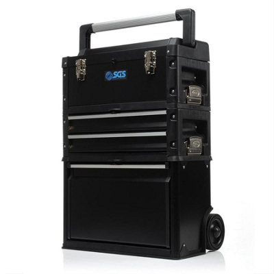 SGS Mobile 3 Part Tool Box, Stackable Storage, Portable, Wheels & Handle, Black