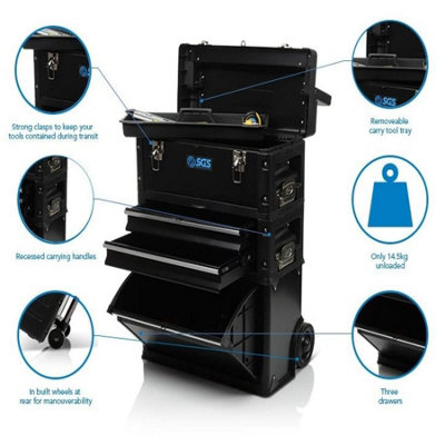 SGS Mobile 3 Part Tool Box, Stackable Storage, Portable, Wheels & Handle, Black