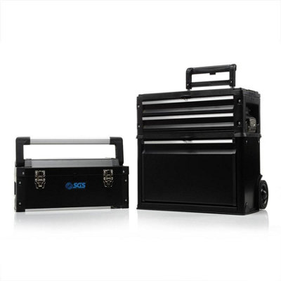 SGS Mobile 3 Part Tool Box, Stackable Storage, Portable, Wheels & Handle, Black