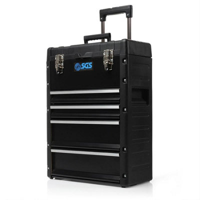 SGS Mobile Rolling Suitcase Tool Box 4 Drawers, Top Box w/ Tray, Clasps & Wheels