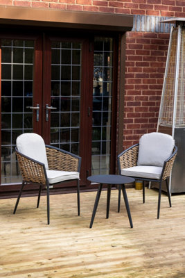 SH&G Bolingbroke 2 Seat Bistro Set - 3 Piece Round Table & Chairs - Aluminium & Brown Rattan with Beige Cushions