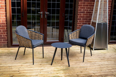 SH&G Bolingbroke 2 Seat Bistro Set - 3 Piece Round Table & Chairs - Aluminium & Brown Rattan with Grey Cushions - Indoor & Outdoor