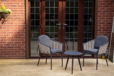SH&G Bolingbroke 2 Seat Bistro Set - 3 Piece Round Table & Chairs - Aluminium & Grey Rattan with Grey Cushions - Indoor & Outdoor