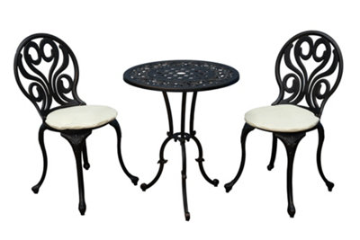 SH&G Penryhn 2 Seat Bistro Set - 3 Piece Round Table & Chairs - Antique Bronze Cast Aluminium with Cream Cushions -  Outdoor