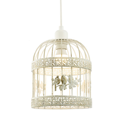 Shabby Chic Brushed Cream and Gold Birdcage Shade with 3D Flowers and Birds