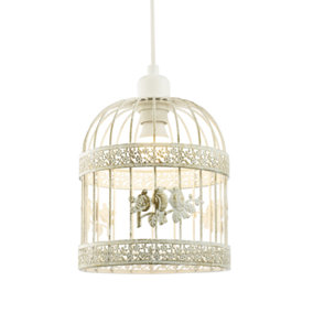 Shabby Chic Brushed Cream and Gold Birdcage Shade with 3D Flowers and Birds
