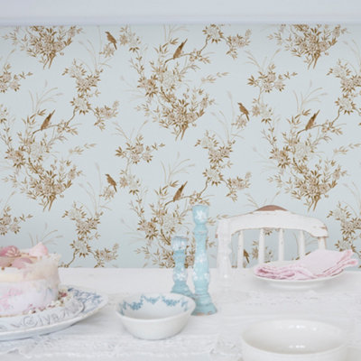Shabby Chic by Rachel Ashwell Bird Chinoiserie Blue Gold Floral Wallpaper