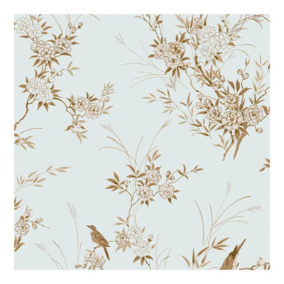 Shabby Chic by Rachel Ashwell Bird Chinoiserie Blue Gold Floral Wallpaper