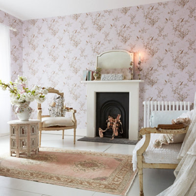 Shabby Chic by Rachel Ashwell Bird Chinoiserie Pink Gold Floral Wallpaper