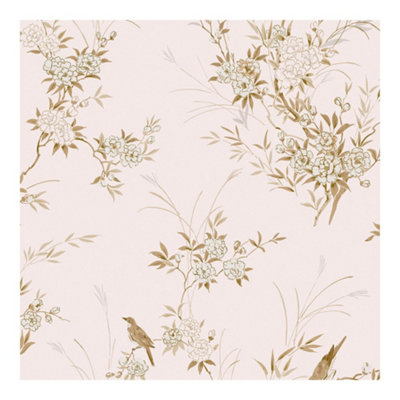 Shabby Chic by Rachel Ashwell Bird Chinoiserie Pink Gold Floral Wallpaper