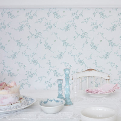 Shabby Chic by Rachel Ashwell Butterflies Duck Egg Floral Wallpaper