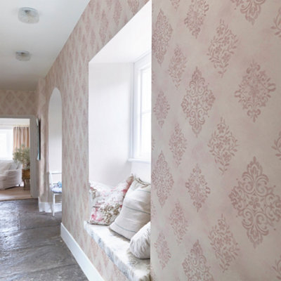 Shabby Chic by Rachel Ashwell Diamond Motif Pink Damask Wallpaper