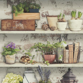 Shades Flower Pots Wallpaper Garden Rustic Shelves Distressed Green Grey White