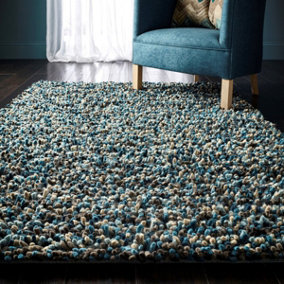 Shaggy Blue Wool Handmade Modern Shaggy Easy to Clean Abstract Rug For Dining Room Bedroom And Living Room-120cm X 170cm