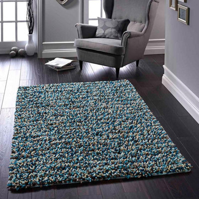 Shaggy Blue Wool Handmade Modern Shaggy Easy to Clean Abstract Rug For Dining Room Bedroom And Living Room-160cm X 230cm