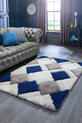Shaggy Navy Optical Geometric Sparkle Modern Handmade Rug for Living Room and Bedroom-160cm X 230cm