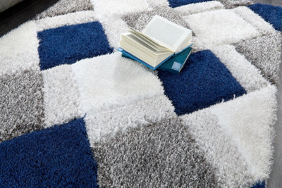 Shaggy Navy Optical Geometric Sparkle Modern Handmade Rug for Living Room and Bedroom-160cm X 230cm