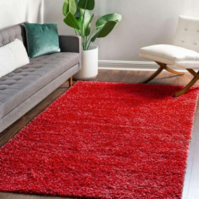 Shaggy Plain Red Modern Rug For Dining Room-60 X 200cm (Runner)