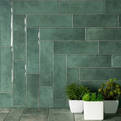 Shallow Forest Green Metro Zellige Brick Premium Porcelain Gloss Wall Tile - 223mm x 64mm - Pack of 48 (0.69m2)