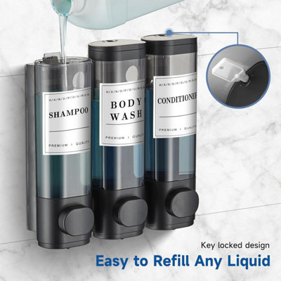 Shampoo and Conditioner Dispenser, 3 Compartment, No Drill Wall