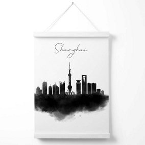 Shanghai Watercolour Skyline City Poster with Hanger / 33cm / White