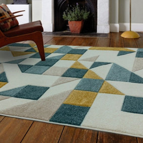 Shapes Green Geometric Modern Jute Backing Rug for Living Room Bedroom and Dining Room-120cm X 170cm