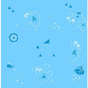 Shark Pirate Treasure Map Wallpaper Boys Blue White Compass Fine Decor