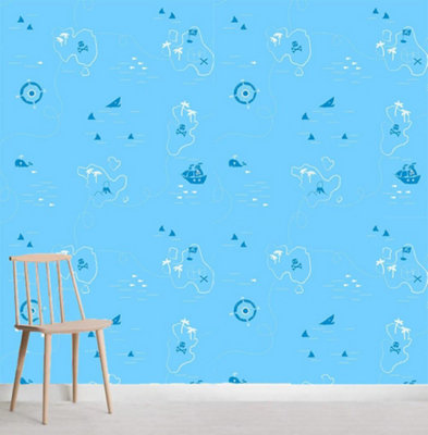 Shark Pirate Treasure Map Wallpaper Boys Blue White Compass Fine Decor