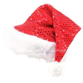Shatchi 12 Deluxe Santa Father Christmas Hat with Sequin Fancy Dress Costume Accessories Party Celebration Outfit Decorations