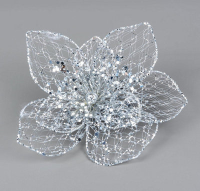 Shatchi 20cm Silver Net Poinsettia Poinsettia Flower - 6Pcs Christmas Tree Decorations Price Comparisons | Compare The Build