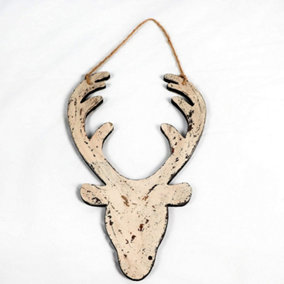SHATCHI 26cm Cream Christmas Wooden Hanging Deer Head Wall Decoration Xmas Home Office Holiday Decorative Centrepiece