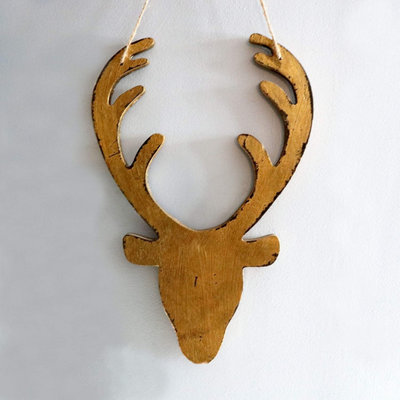 SHATCHI 26cm Golden Christmas Wooden Hanging Deer Head Wall Decoration