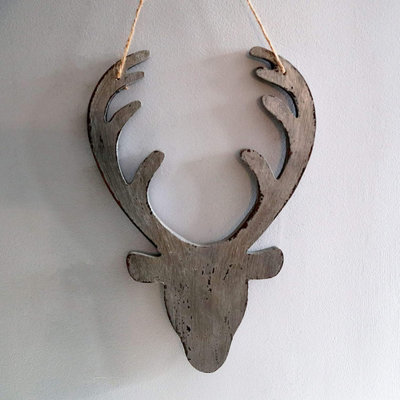 SHATCHI 26cm Silver Christmas Wooden Hanging Deer Head Wall Decoration