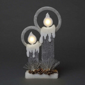SHATCHI 31Cm Christmas Pre Lit Twin Candles Battery Operated Glitter Foam Snow Covered Finish Table Decoration Grey