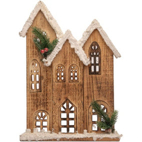 SHATCHI 35cm Battery Powered Warm White LEDs Wooden House Snow Covered Cottage Village Indoor Christmas Decorations, Wood, Brown