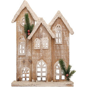 SHATCHI 35cm Battery Powered Warm White LEDs Wooden House Snow Covered Cottage Village Indoor Christmas Decorations, Wood, Rustic