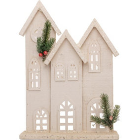 SHATCHI 35cm Battery Powered Warm White LEDs Wooden House Snow Covered Cottage Village Indoor Christmas Decorations, Wood