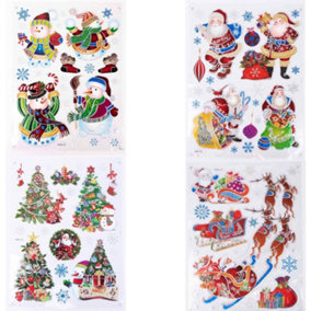 Shatchi 3D Christmas Window Stickers Colourful - 4 Assorted Sheets Clings Reusable Glass Snowflakes Sticker Christmas Scene, PVC