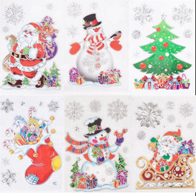 Shatchi 3D Christmas Window Stickers Colourful - 6 Assorted Sheets Christmas Glass Snowflakes Sticker Christmas Scene, PVC Static