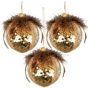 Shatchi 3Pcs Gold Sequin Bauble 7cm - Christmas Tree Hanging Decorations Ornaments Fairy Tale Themed