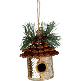 Shatchi 3Pcs Gold Sequin Birdhouse 10x11cm - Christmas Tree Hanging Decorations Festive Decorative Ornaments Fairy Tale