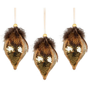 Shatchi 3Pcs Gold Sequin Teardrop Bauble 14cm - Christmas Tree Hanging Decoration Fairy Tale Themed