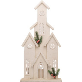 SHATCHI 51cm Battery Powered Warm White LEDs Wooden Tower House Snow Covered Cottage Village Indoor Christmas Decorations, Wood